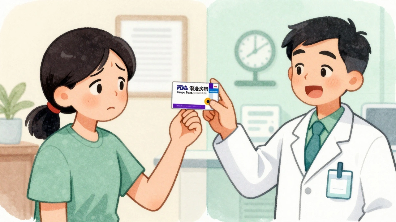 Patient receiving biosimilar injection while pharmacist shows FDA interchangeable status, contrasting attitudes in background.