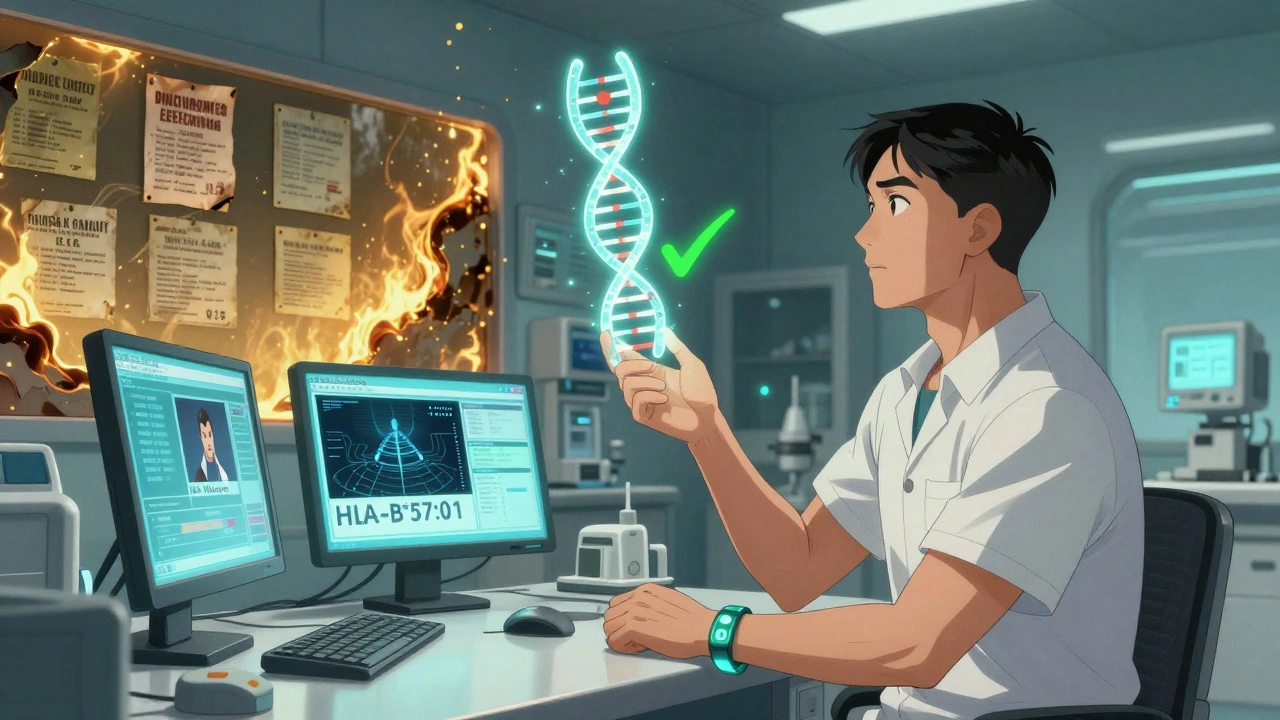 Patient receiving genetic test with glowing DNA helix, AI screens visible, outdated allergy labels burning away in background.
