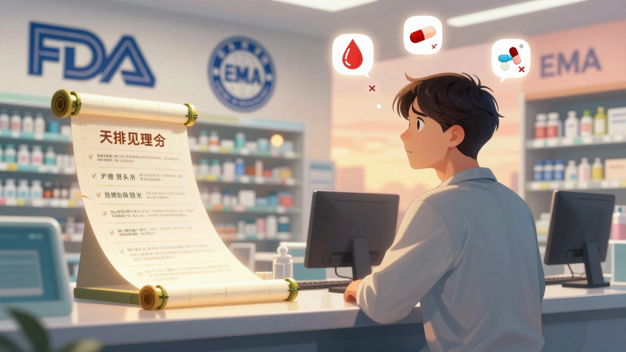 Patient surrounded by medication icons marked with pass/fail symbols under new testing guidelines.