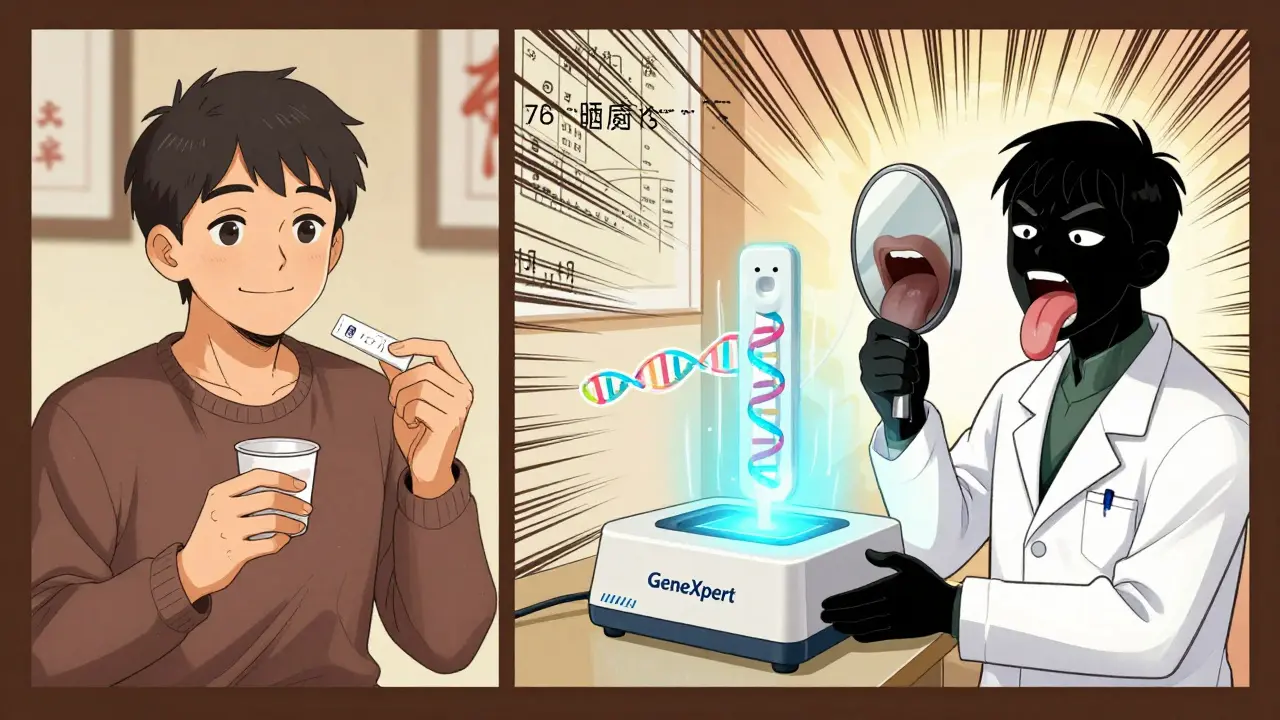 Patient taking a stool test while a doctor uses a PCR machine, with a black-tongued person holding a mirror.