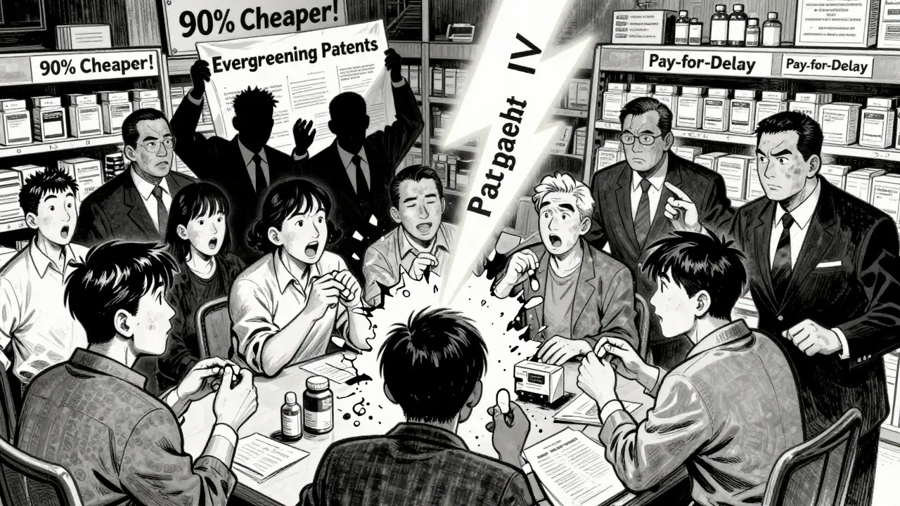Patients grabbing cheap generics as corporate figures try to block them with illegal patent tactics.