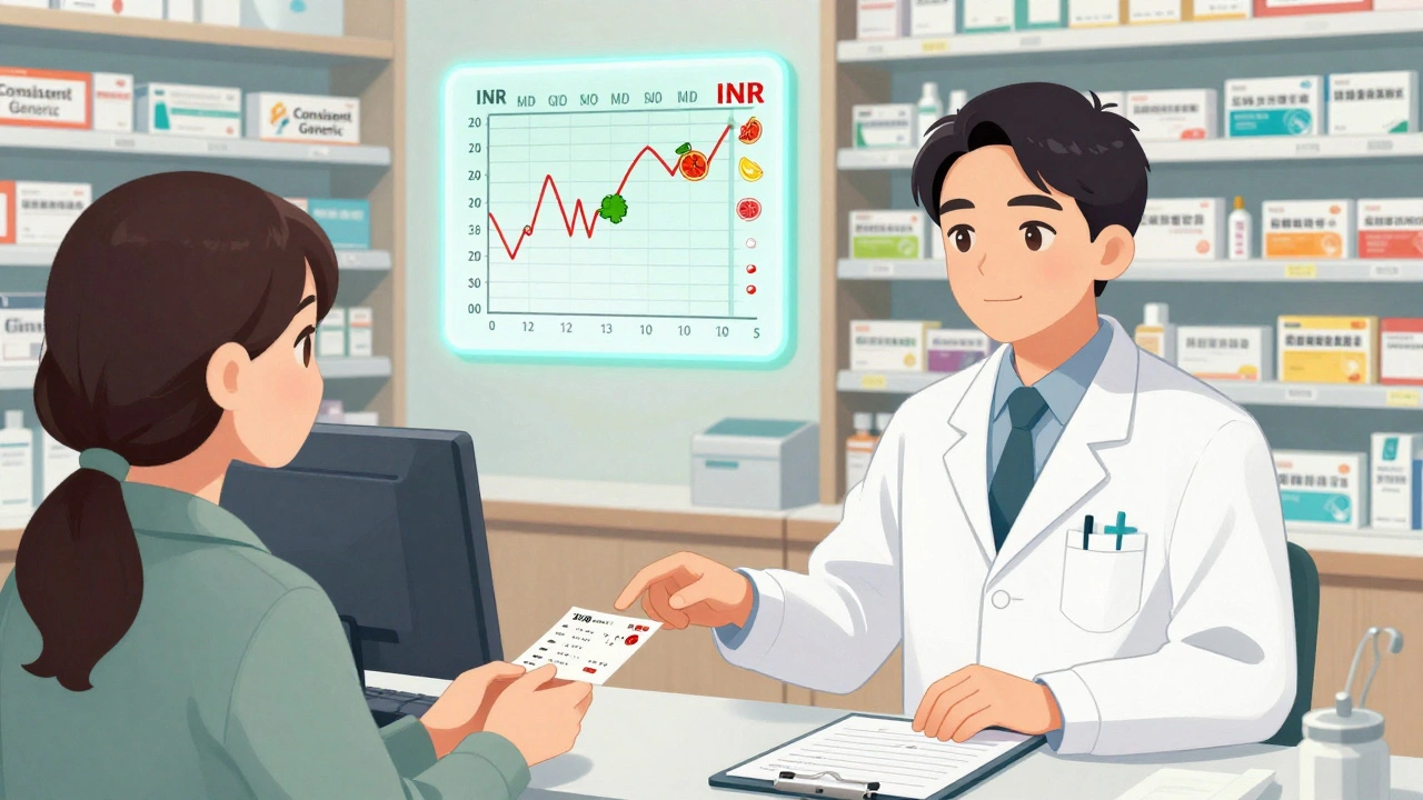 Pharmacist hands a prescription as pharmacy shelves split between consistent and switching generics.