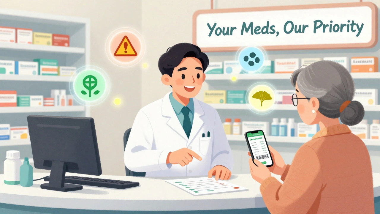 Pharmacist reviewing medication interaction report with senior patient at pharmacy counter.