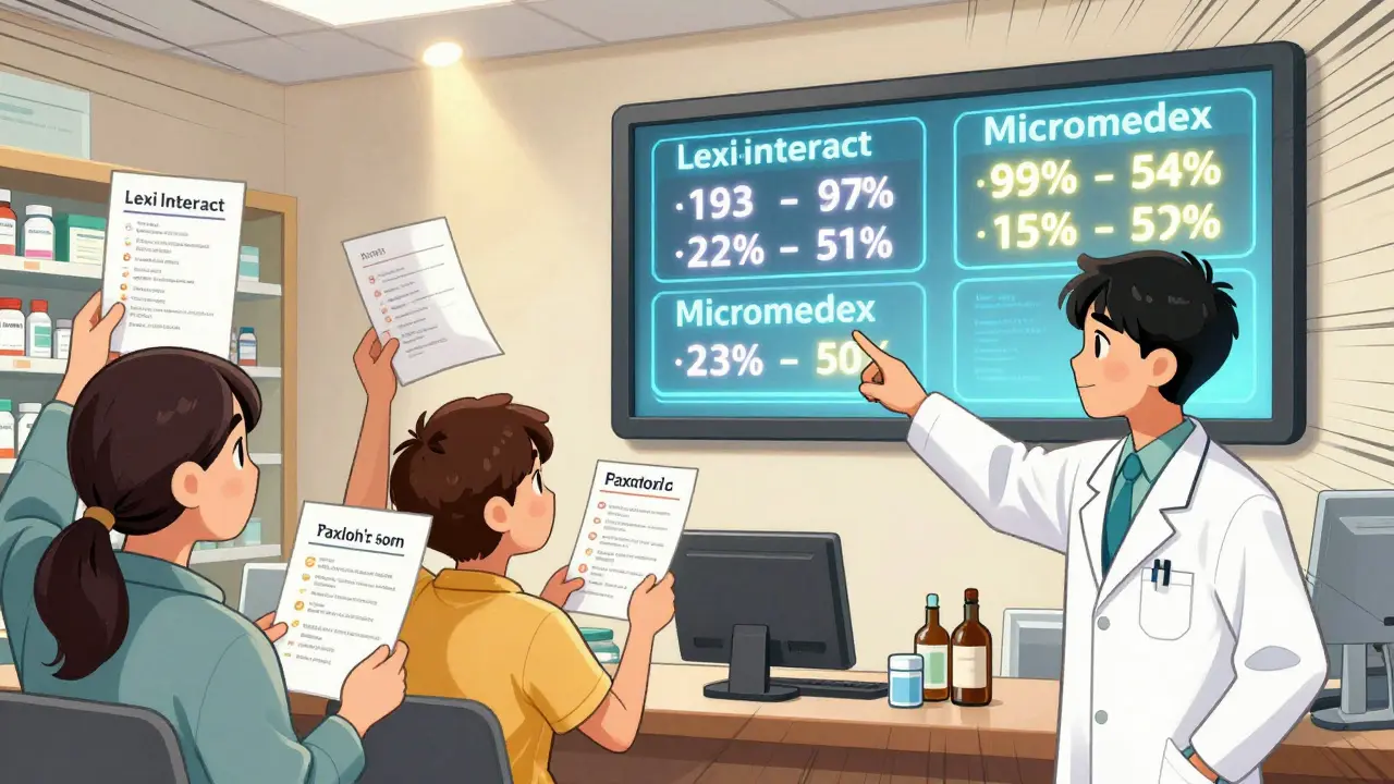 Pharmacist showing drug checker accuracy comparisons on a digital screen in a pharmacy.