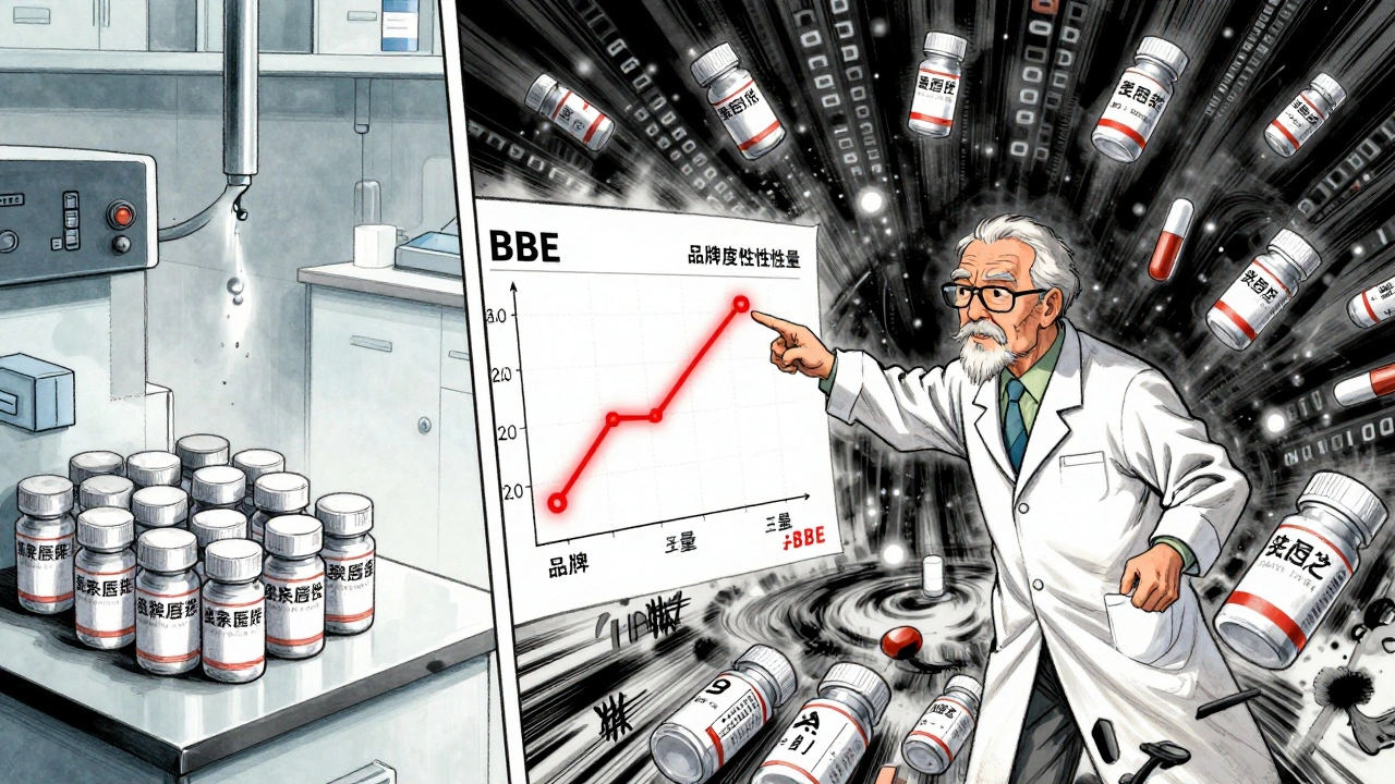 Scientist analyzing multiple drug batches with a BBE comparison chart in chaotic data storm.
