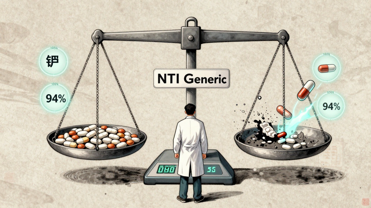 Scientist balancing pill batches on a scale with strict NTI purity boundaries and medication icons.