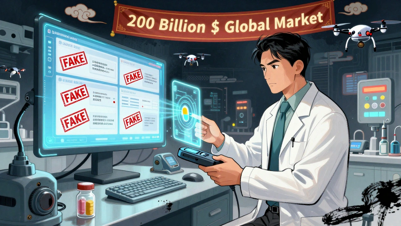 Scientist scanning a pill with hologram showing real vs fake, AI drones monitoring fake online pharmacies.