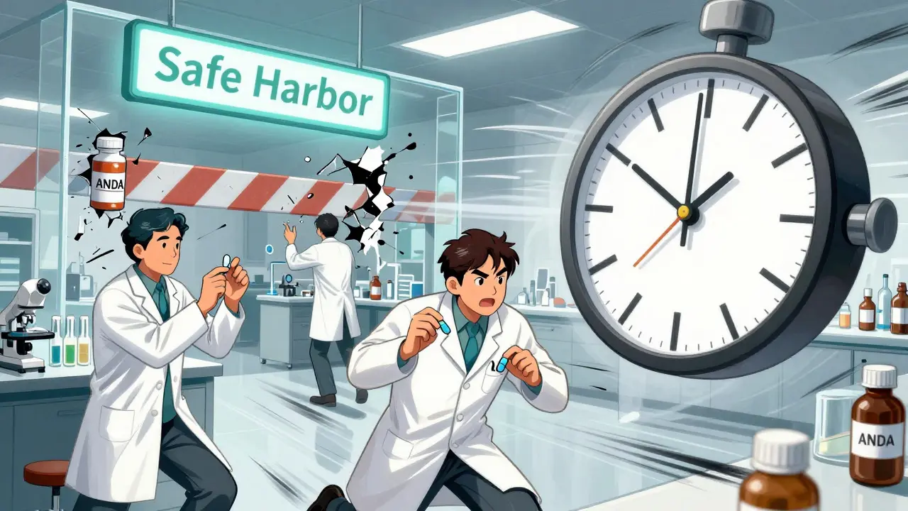 Scientists racing against time in a lab, with a crumbling patent wall and 'Safe Harbor' sign glowing behind them.