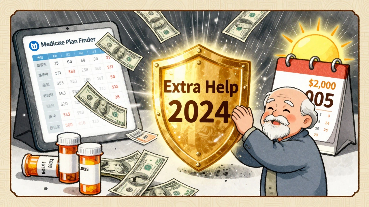 Senior protected by Extra Help shield from rising prescription costs, 2025 cap symbol in background.