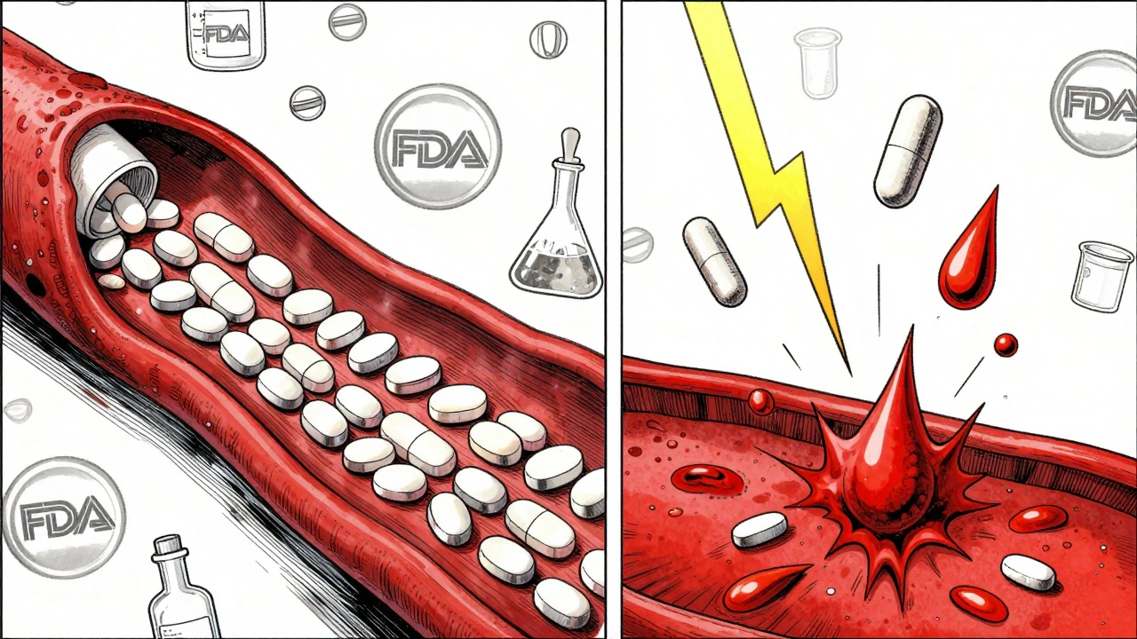 Split bloodstream illustration showing even vs. uneven drug release causing seizures and clots.