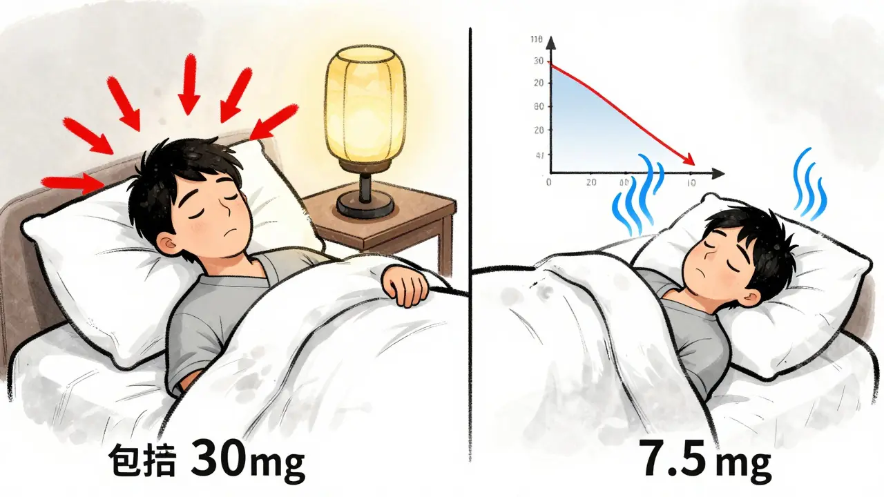 Split illustration: high dose causes wakefulness with red energy, low dose brings peaceful sleep with blue waves.