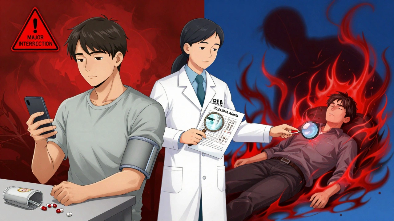 Split scene: man ignoring drug warning collapses vs. pharmacist guiding him to safety.