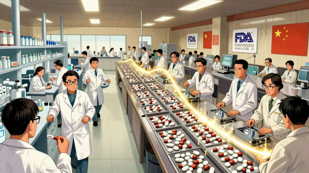 Split scene of U.S. and international labs producing generic drugs with glowing bioequivalence data connecting both sides.