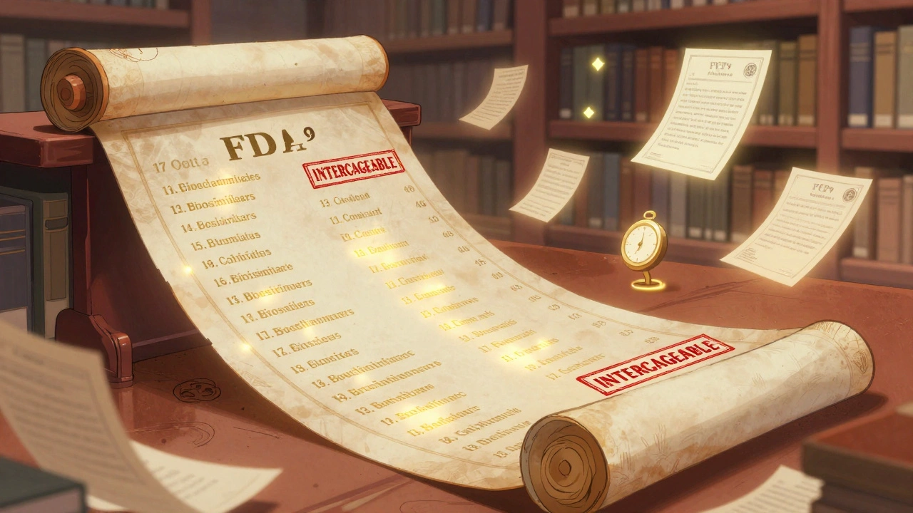 The FDA Purple Book as a glowing scroll listing approved biosimilars, with only 17 marked as interchangeable.