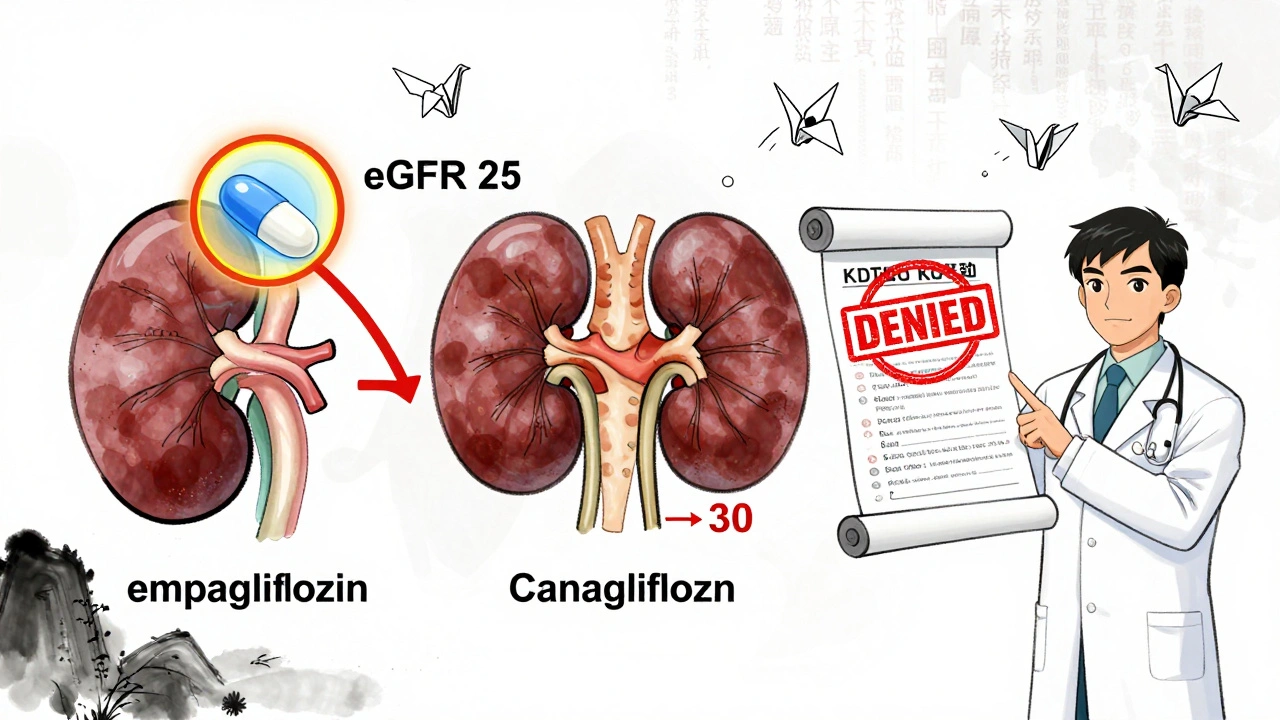 Three SGLT2 inhibitor pills with different eGFR limits drawn on a kidney map, with insurance denial seal and clinical trial cranes.