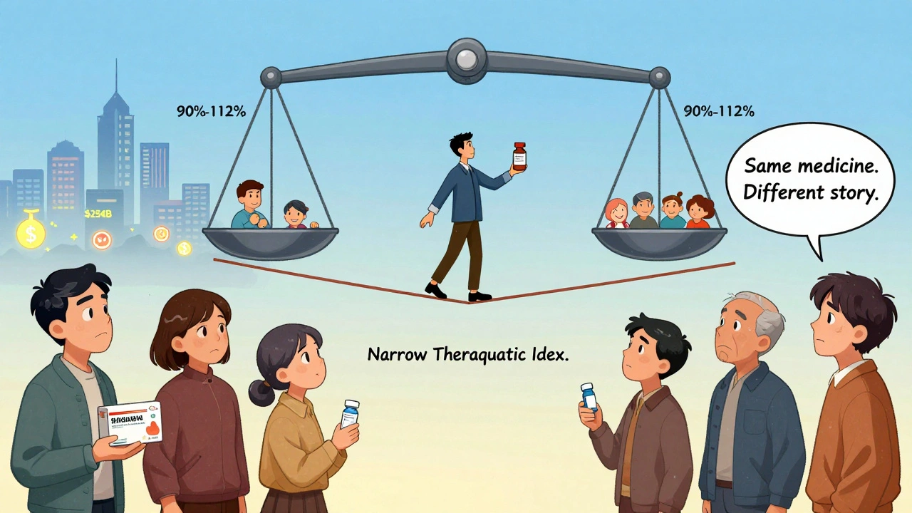 Tightrope walker balances with warfarin vial as FDA scale shows strict equivalence for NTI drugs.
