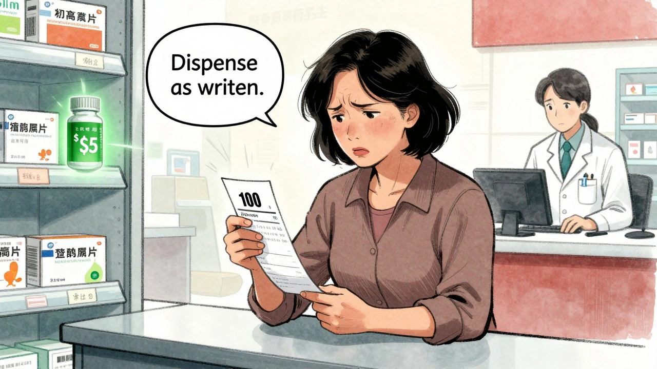 Woman at pharmacy shocked by high brand drug cost, generic option visible nearby.