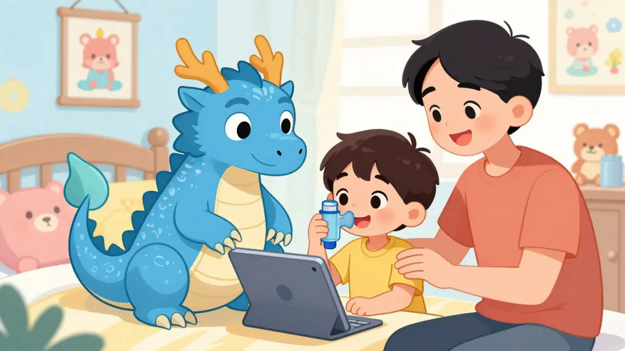 A child taming an asthma dragon with an animated app while a parent watches happily.