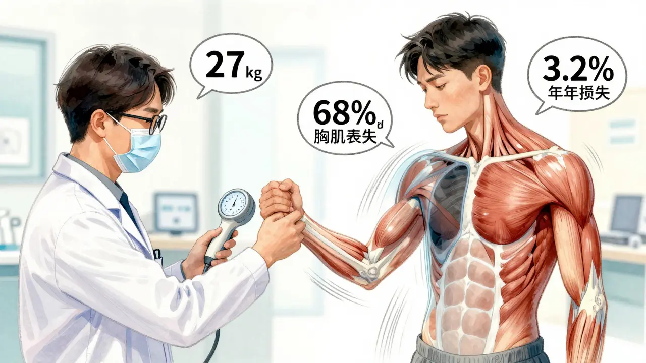 A doctor measures grip strength as X-ray images reveal muscle loss in a COPD patient’s chest and breathing muscles.