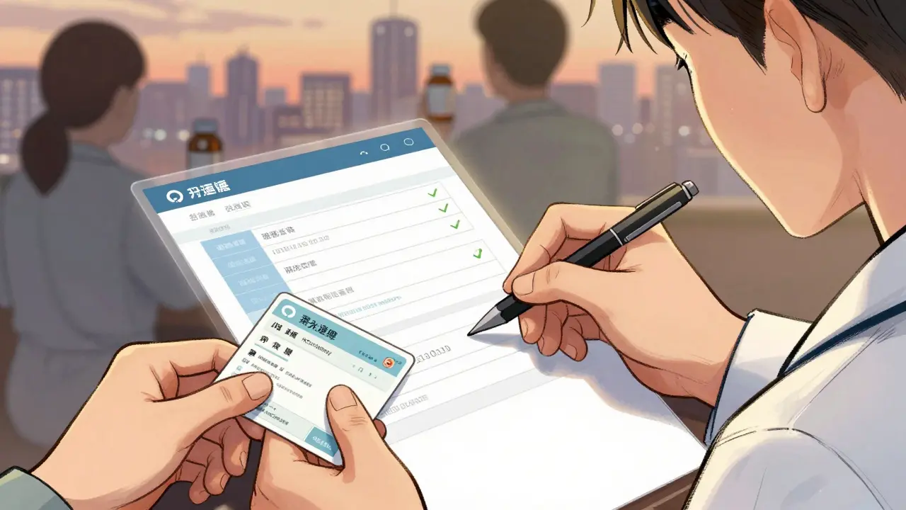 A doctor signs a form for medication assistance while a patient holds income and insurance documents.