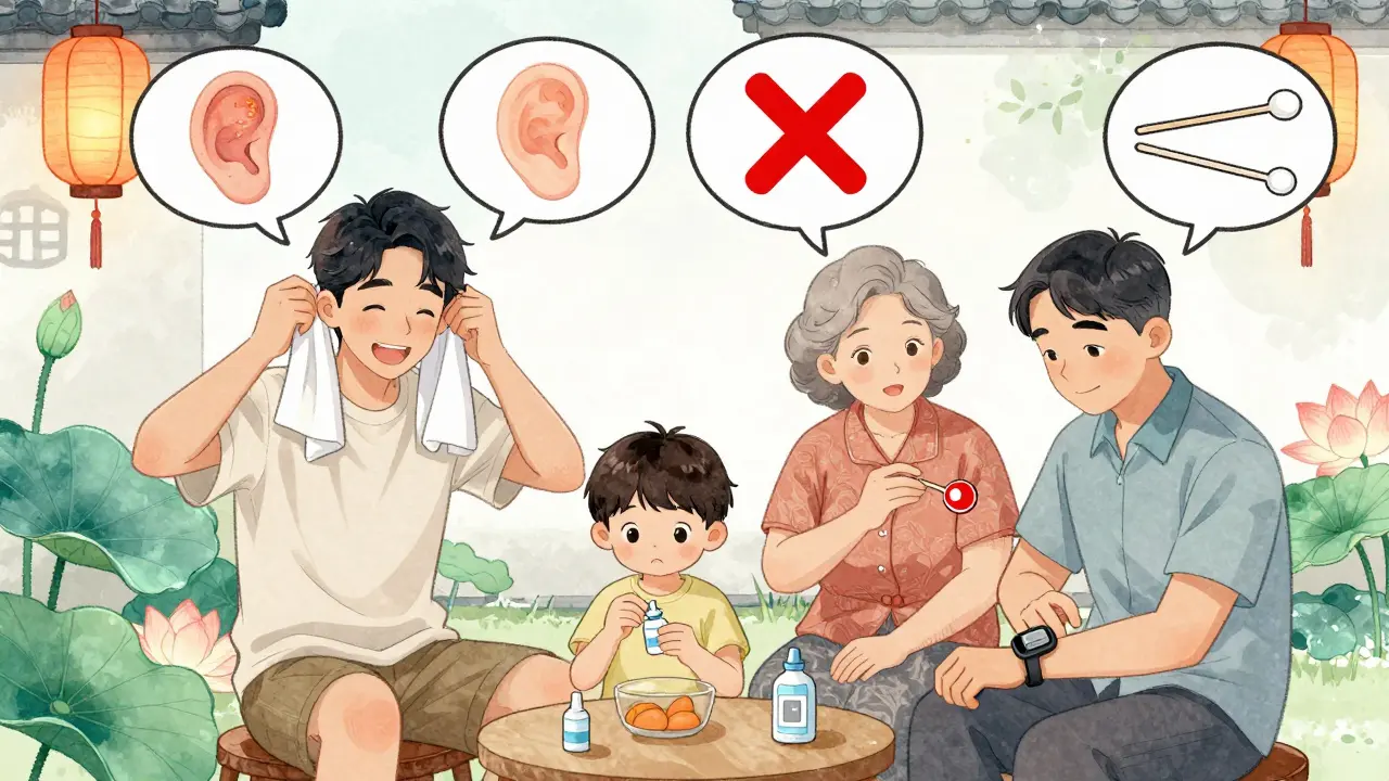 A family practicing swimmer’s ear prevention: using drops, drying ears, and avoiding cotton swabs.