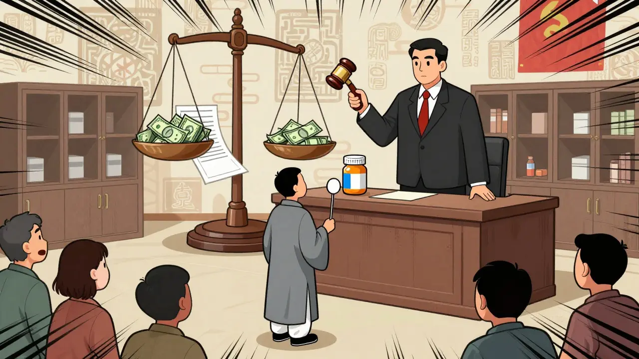 A generic drug maker stands in court against a pharma CEO judge, with patients watching as dollar bills outweigh medicine on a scale.