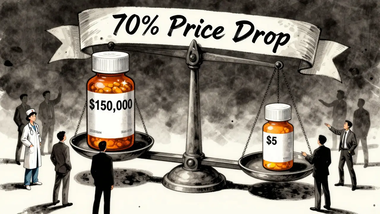 A giant scale balancing an expensive brand-name drug against a tiny generic pill, with patients and doctors reaching for the affordable option.