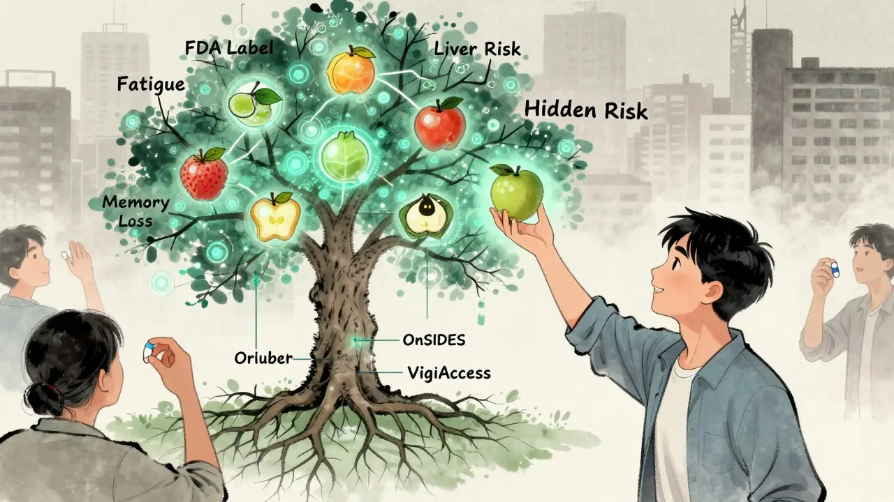 A glowing tree of medication data bears fruit representing hidden side effects.