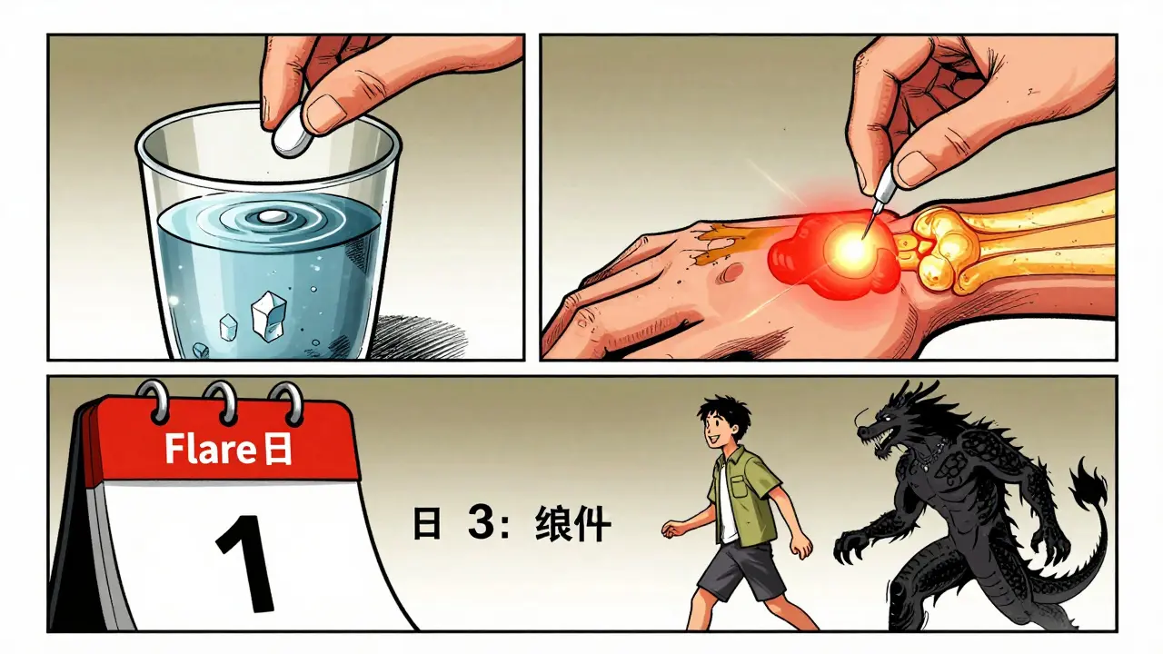 A narrative sequence showing a pill dissolving, a steroid injection, and a patient walking past a defeated gout dragon.