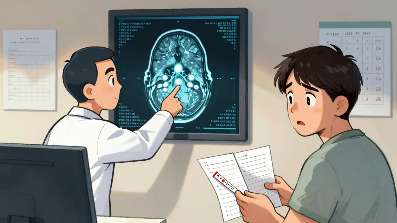 A neurologist shows a patient an MRI with PML lesions, blood test results visible, anxious expression on face.