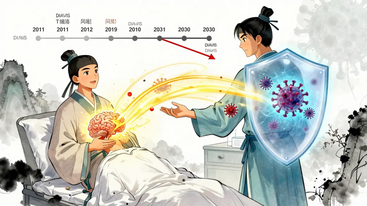 A patient receives experimental therapy as golden energy neutralizes the JC virus, with protective barriers blocking infection.