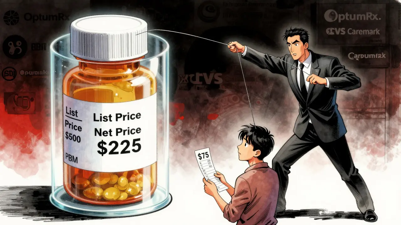 A PBM puppeteer controls drug prices while a confused patient pays a high copay.