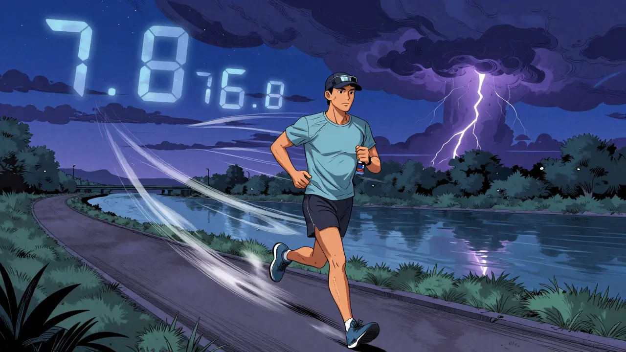 A runner jogs along the river at dusk with pollen levels displayed in the air, calm despite a distant storm, wearing sunglasses and a hat.