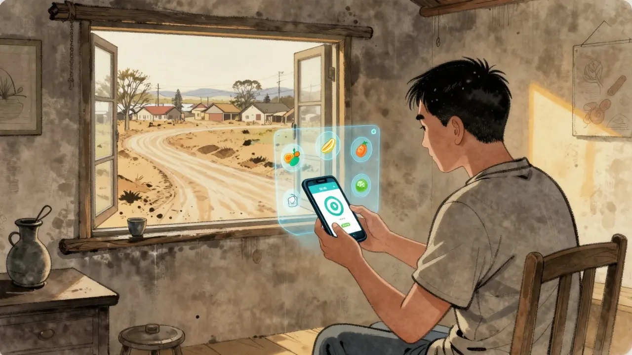 A rural patient using a simple phone with a holographic AI tutor explaining healthy eating.