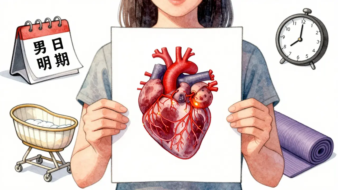A woman examining a heart diagram showing tiny, web-like arteries, with symbols of menopause, childbirth, and stress around her.