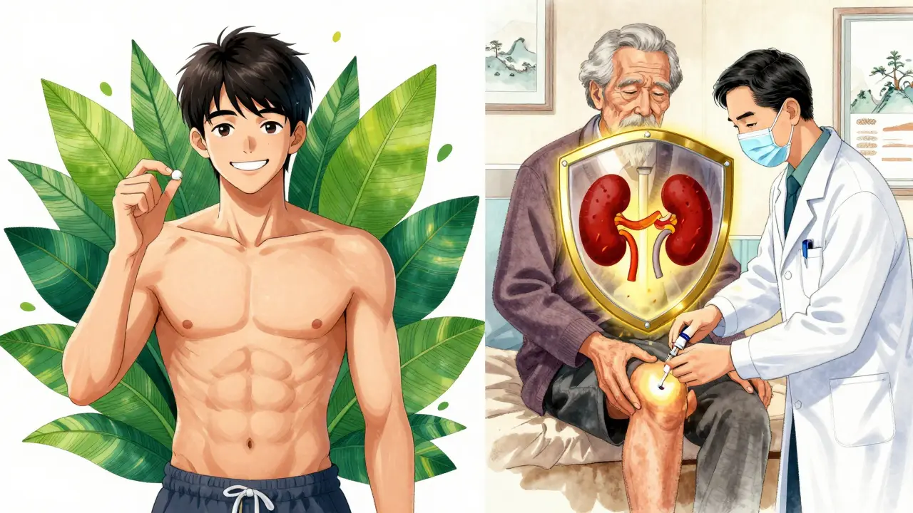 A young man takes NSAIDs happily while an elderly man receives a steroid injection, protected from health risks by a golden shield.