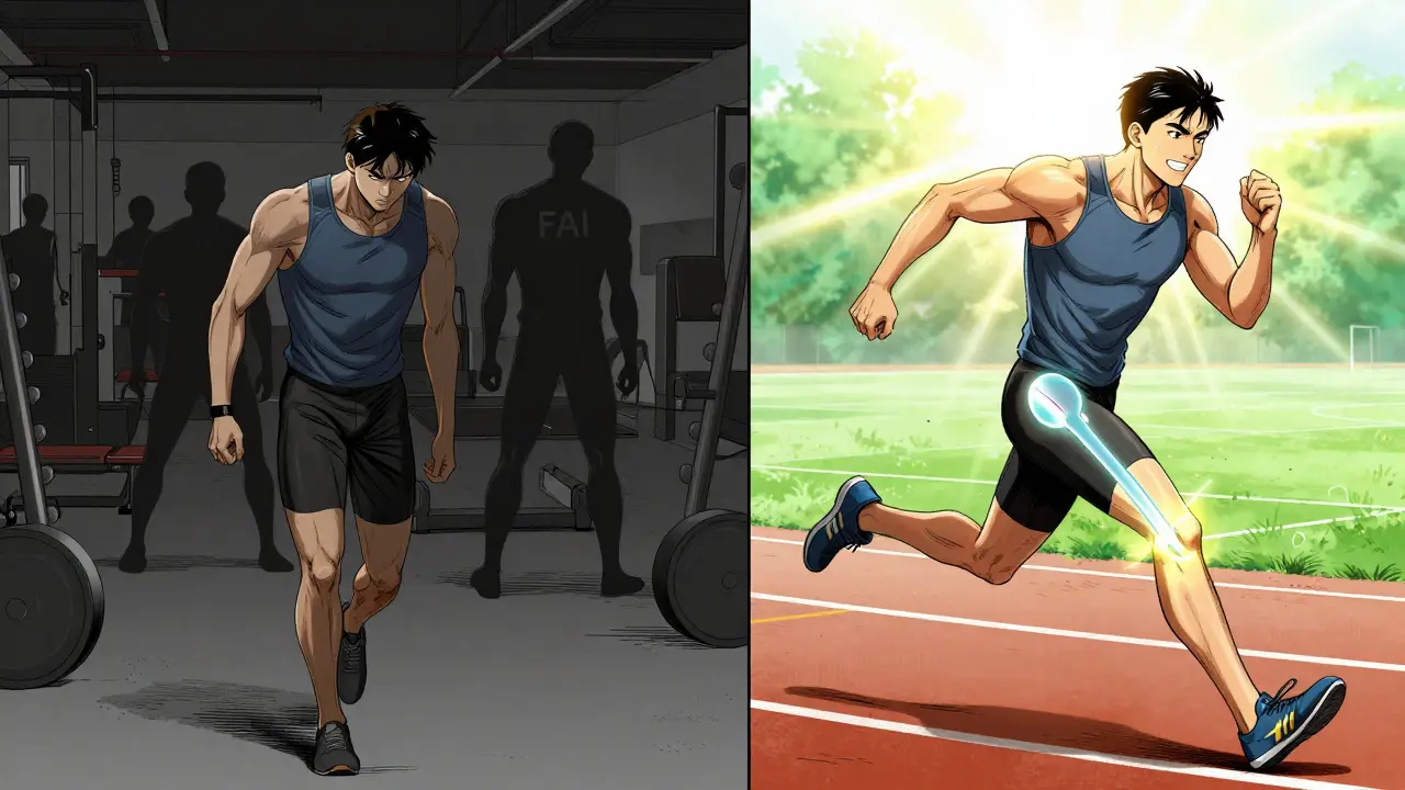 Athlete transformed from pain to recovery, with shadowy FAI and glowing labral repair in split-panel manhua illustration.