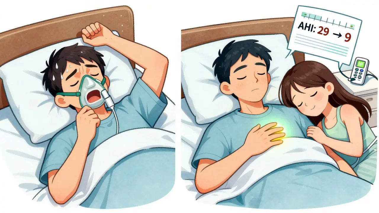 Before-and-after scene: chaotic CPAP struggle vs. calm sleep with implant, showing life-changing relief.