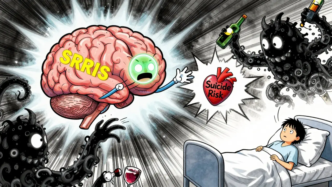 Cartoon brain warriors fighting alcohol monsters, with a patient watching in fear, dramatic manhua action style.