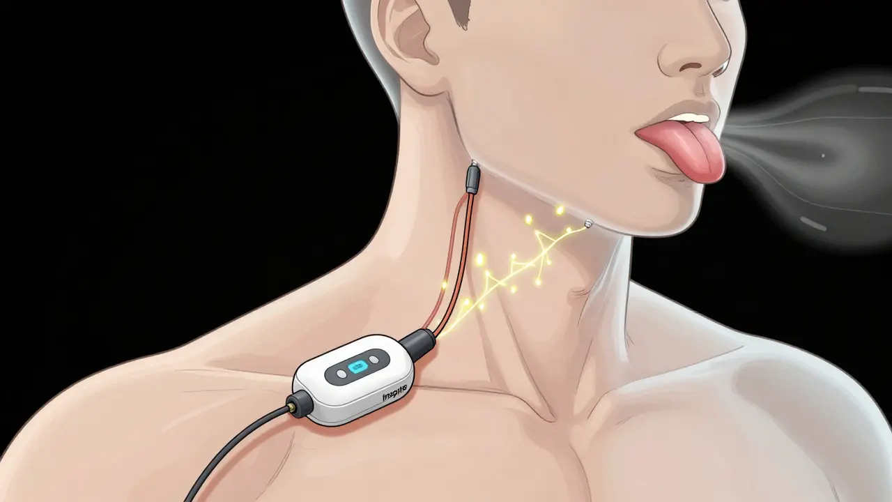 Close-up of implanted device components with glowing pulses guiding the tongue forward during sleep.