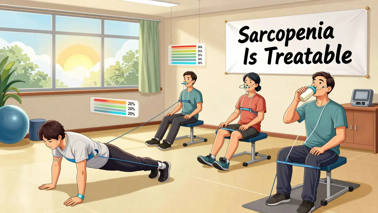 COPD patients exercise with resistance bands and oxygen tubes in rehab, with progress bars rising and sunlight streaming in.