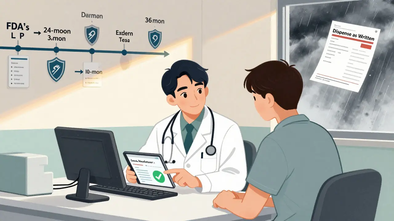 Doctor and patient reviewing electronic record showing approved generic manufacturer, mural of FDA and European policies on wall.