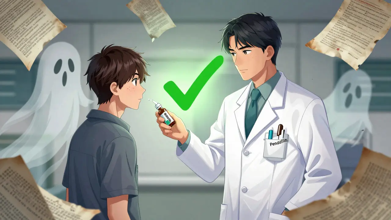 Doctor giving a cephalosporin pill to a patient, with fading allergy warnings and a green safety checkmark.