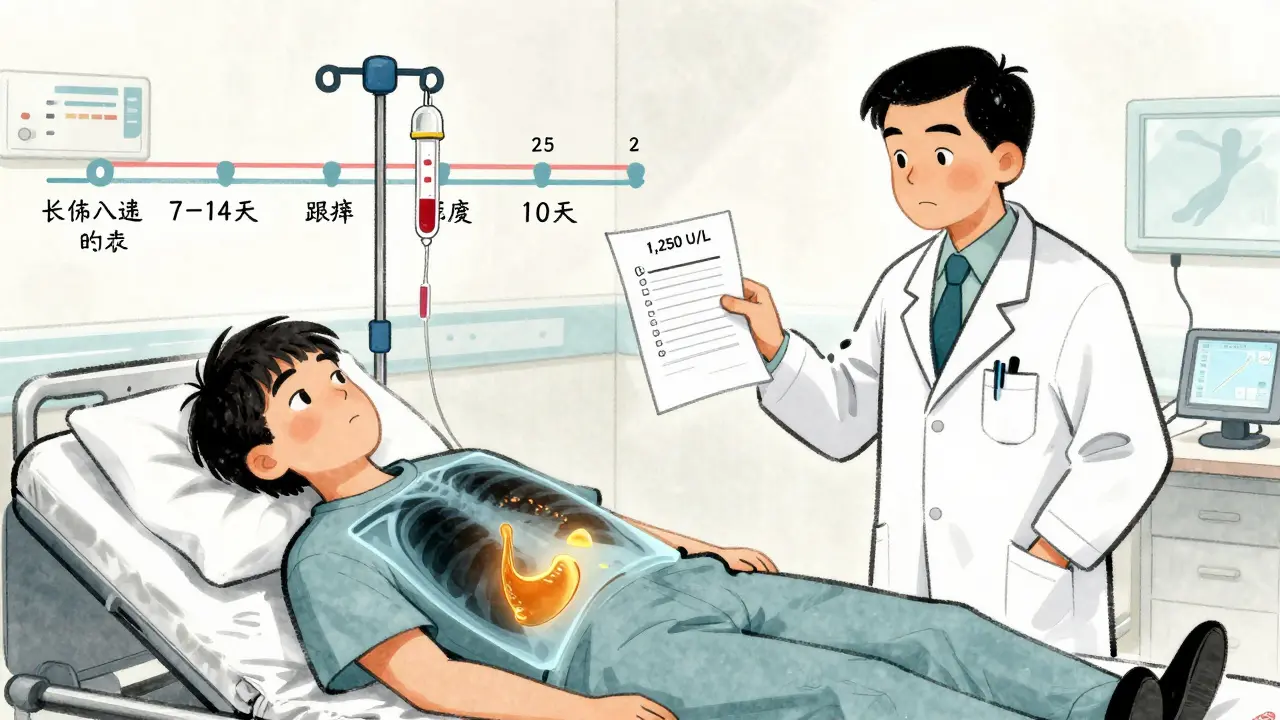 Doctor holding blood test showing high lipase level, patient with glowing inflamed pancreas on gurney.
