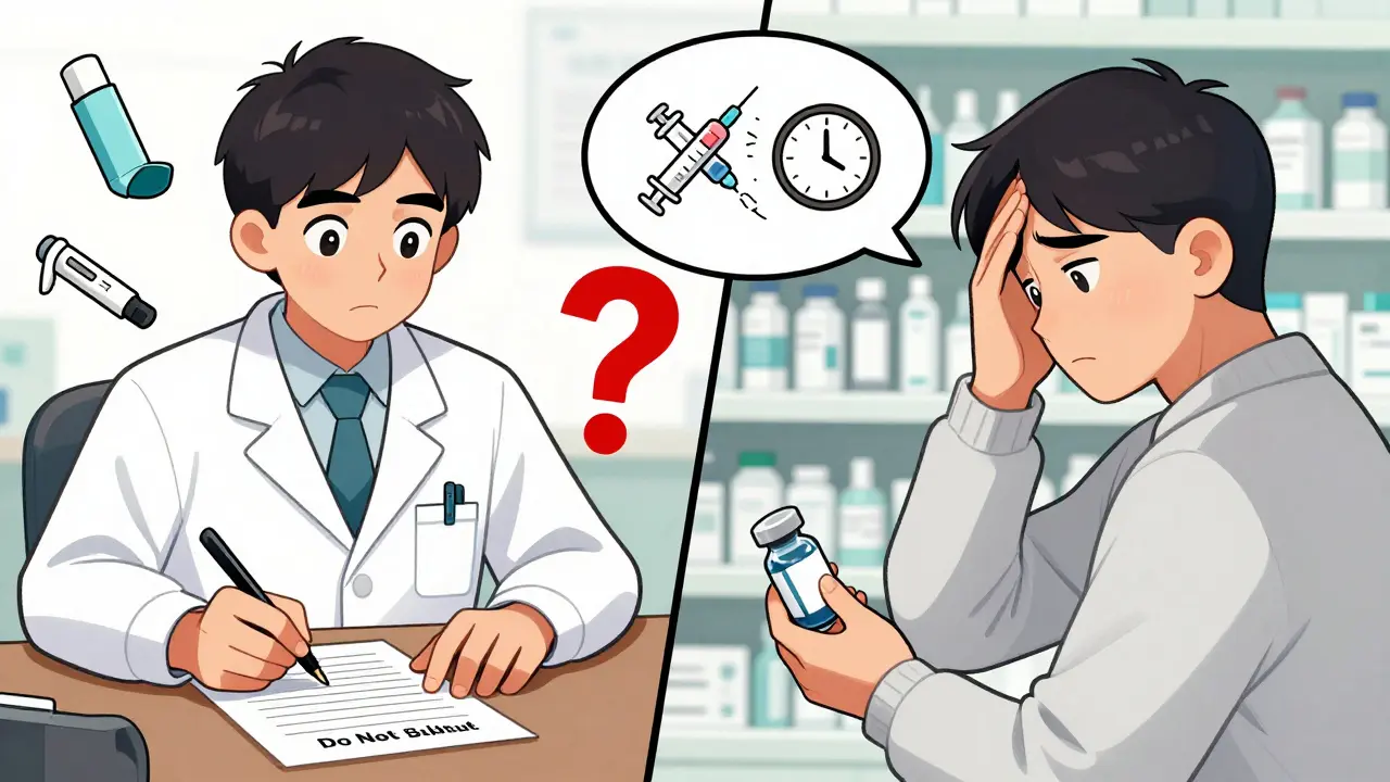 Doctor writes 'Do Not Substitute' as pharmacist faces patient with separate generic drug and device parts