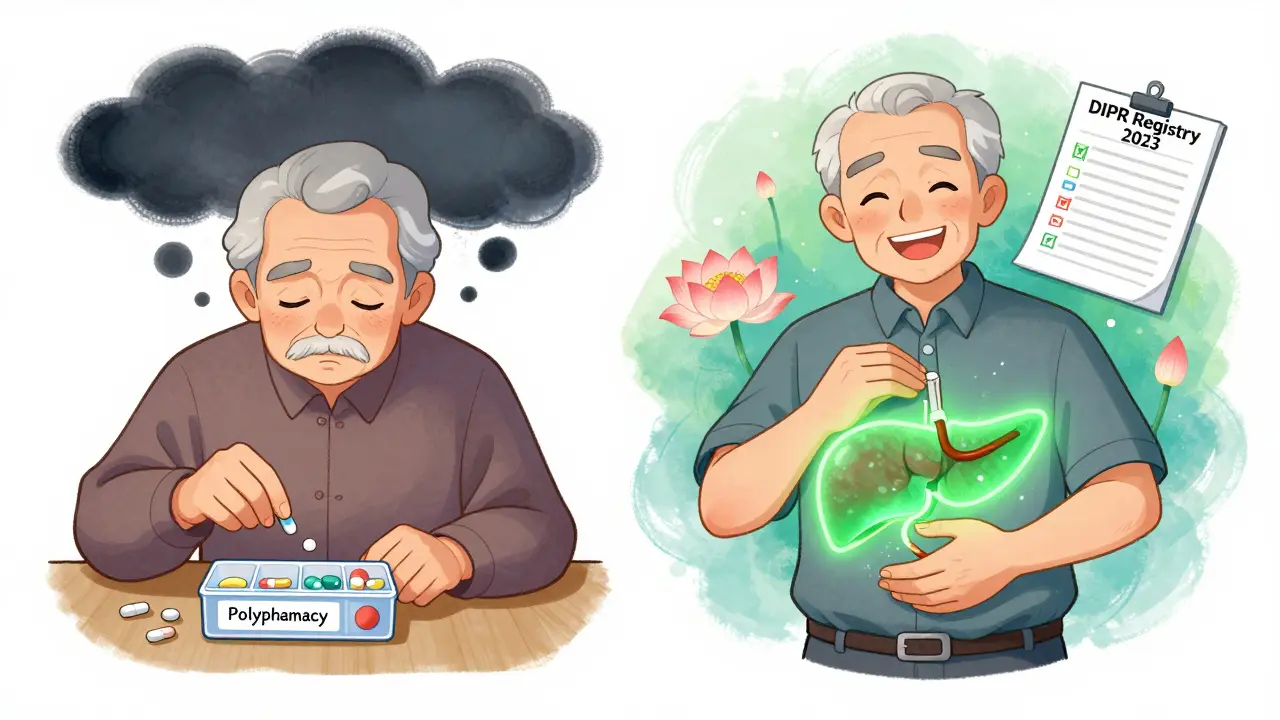Elderly patient before and after stopping dangerous medication, healing pancreas with medical registry.
