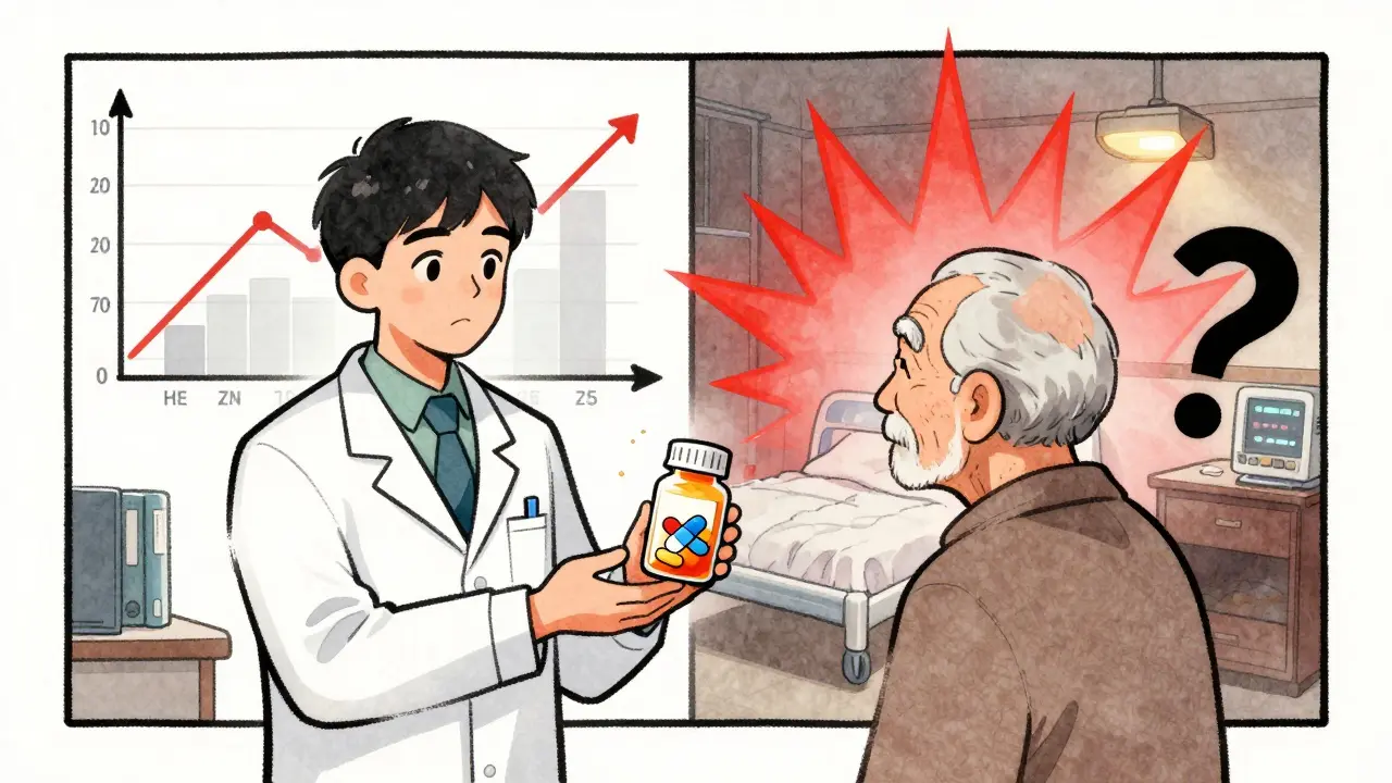 Elderly patient receiving a pill bottle, reflection showing different pill shape, split-screen health timelines behind.