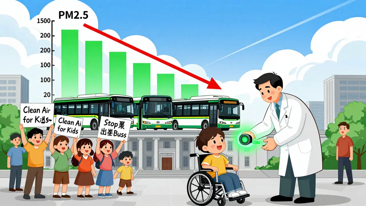 Families protest for clean air, PM2.5 graph drops as electric buses replace diesel ones.