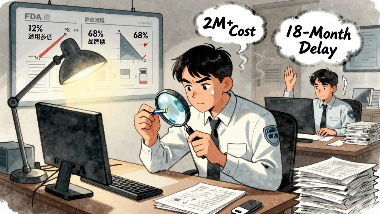 FDA inspectors examine combination product amid charts showing low generic approval rates