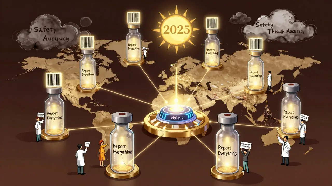 Glowing biosimilar vials with barcodes connect to global AI hub, symbolizing improved safety tracking.